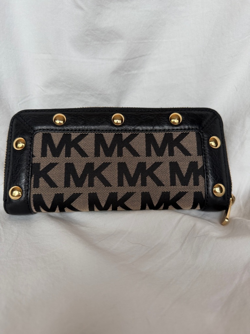 Michael Kors Black and Beige MK Monogram Zip Wallet with Gold Studs